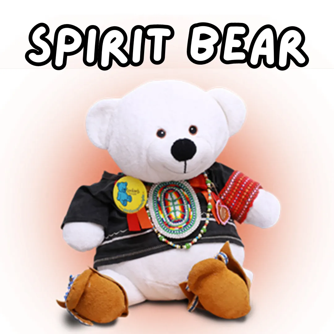 Spirit Bear. A white teddy bear wearing colourful Indigenous clothing.