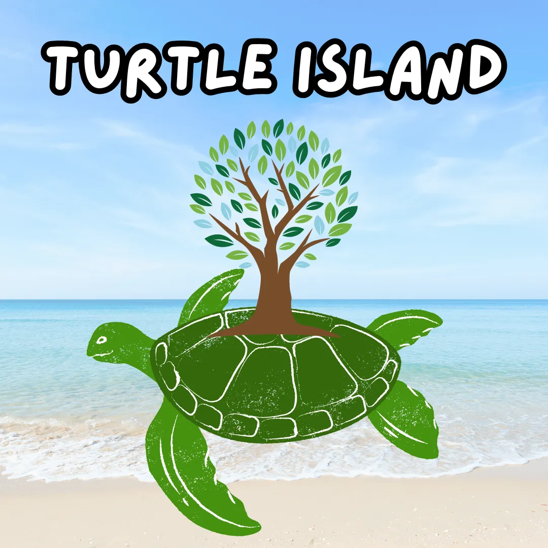 Illustration of a tree growing on the back of a large turtle in a lake.