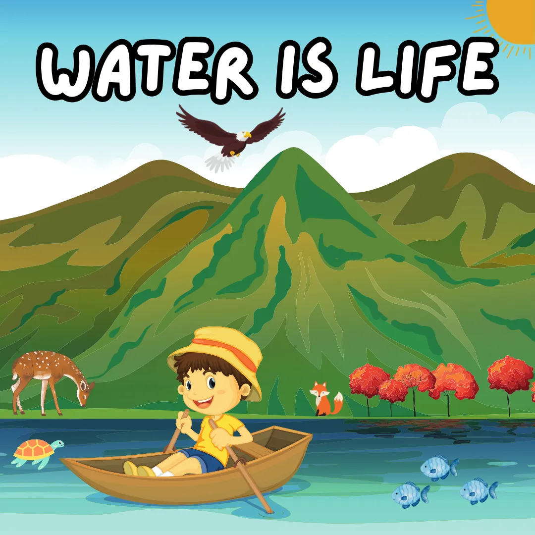 Illustration of a young boy in a row boat with trees, animals and a large green mountain behind him.