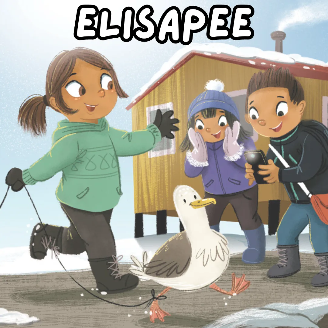 Elisapee. Illustration of three kids and a seagull.