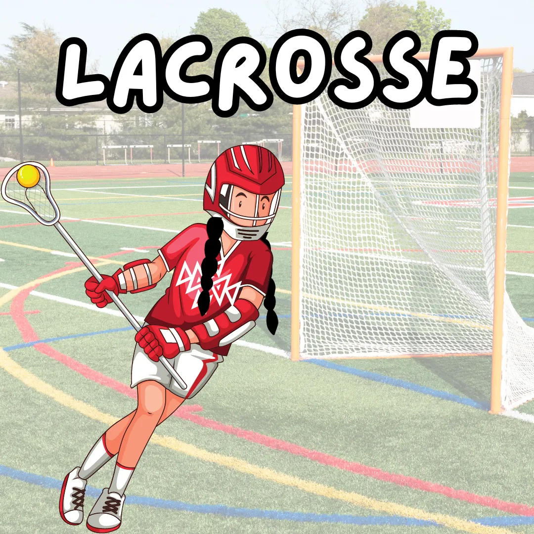 Illustration of a young girl playing lacrosse with a red outfit and helmet.