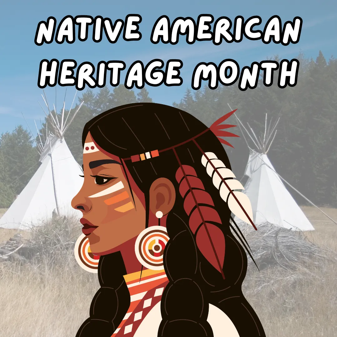 Illustration of an Indigenous woman with feathers in her hair and large circular earrings.