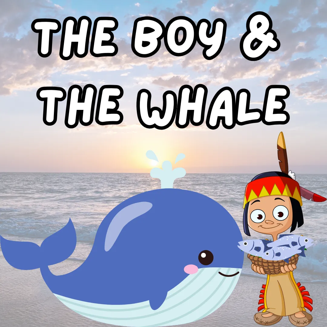 An illustration of a blue whale and a young Indigenous boy.