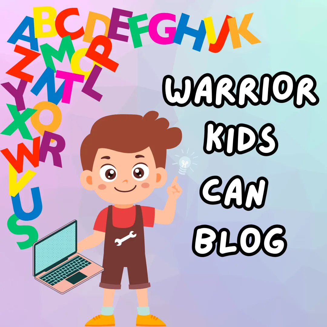 Warrior Kids Can Blog! Illustration of a boy and his laptop with large colourful floating letters coming out of the screen.
