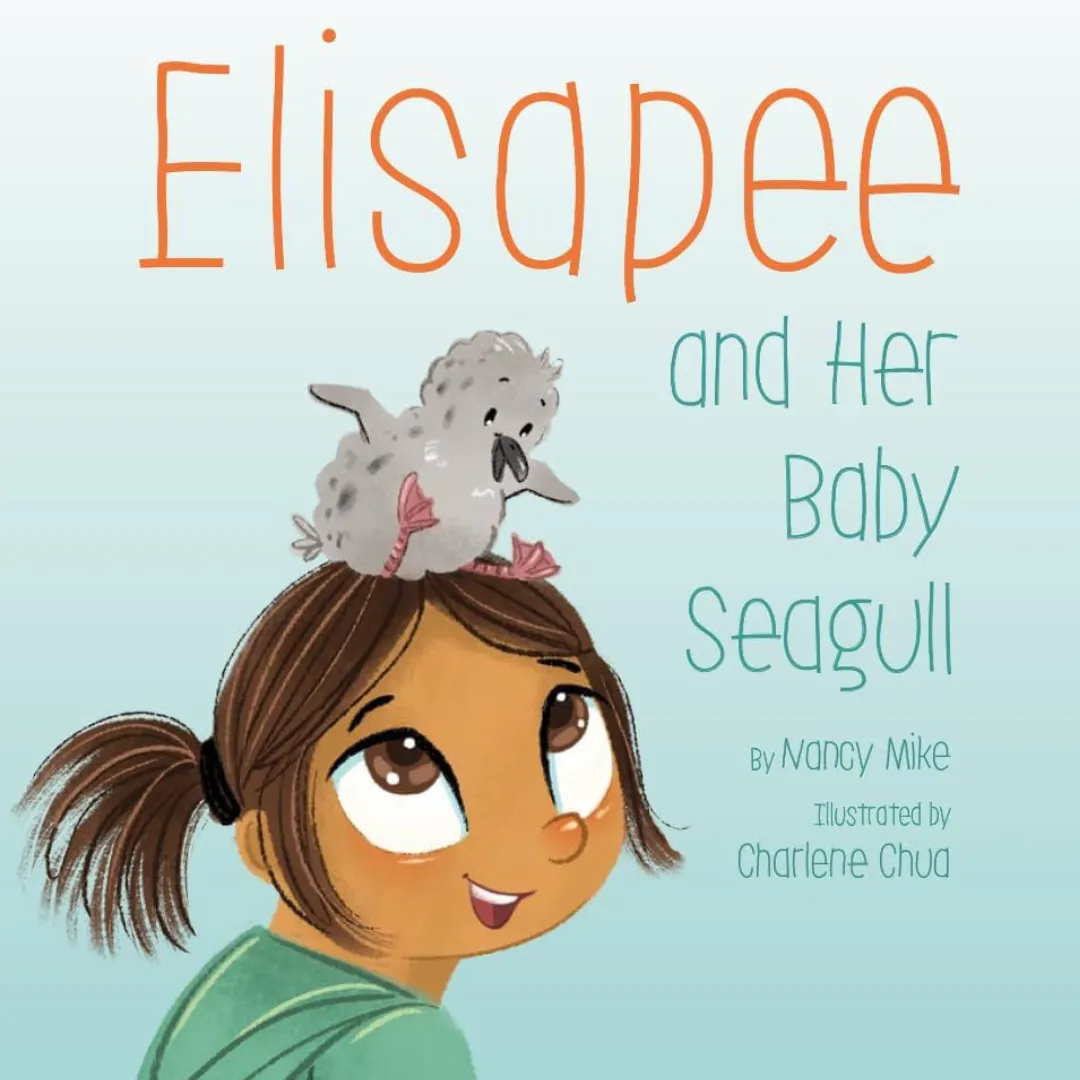 Book cover of Elisapee and her baby seagull. Illustration of a baby seagull on Elisapee's head.