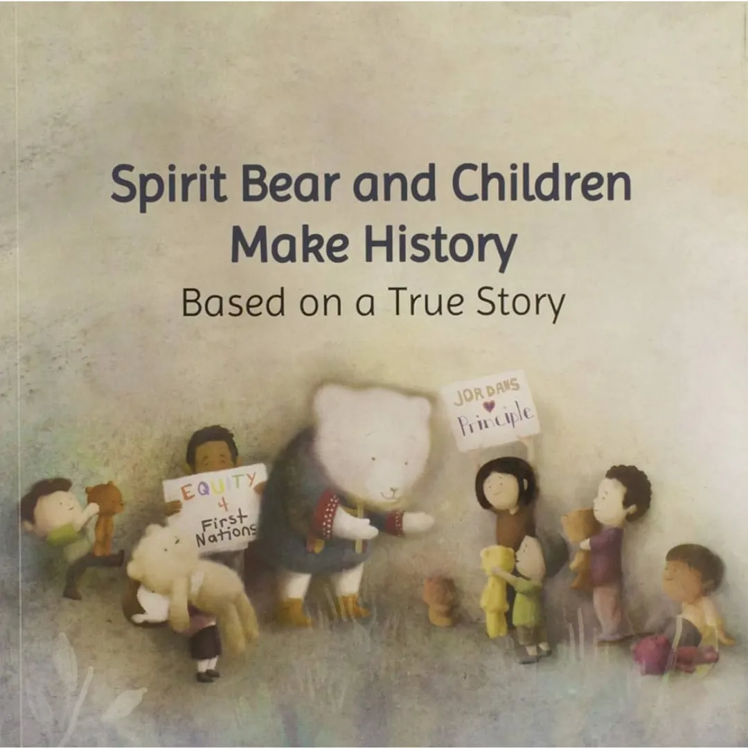 Book cover for Spirit Bear and Children Make History. Illustration of a bear surrounded by children.