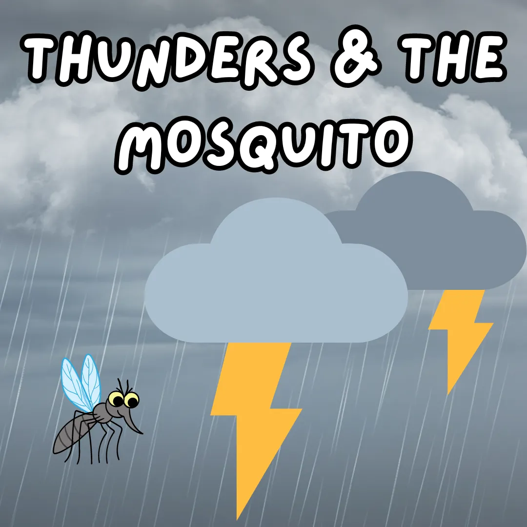 Thunders & the mosquito. Illustration of a mosquito and clouds with lightning bolts.