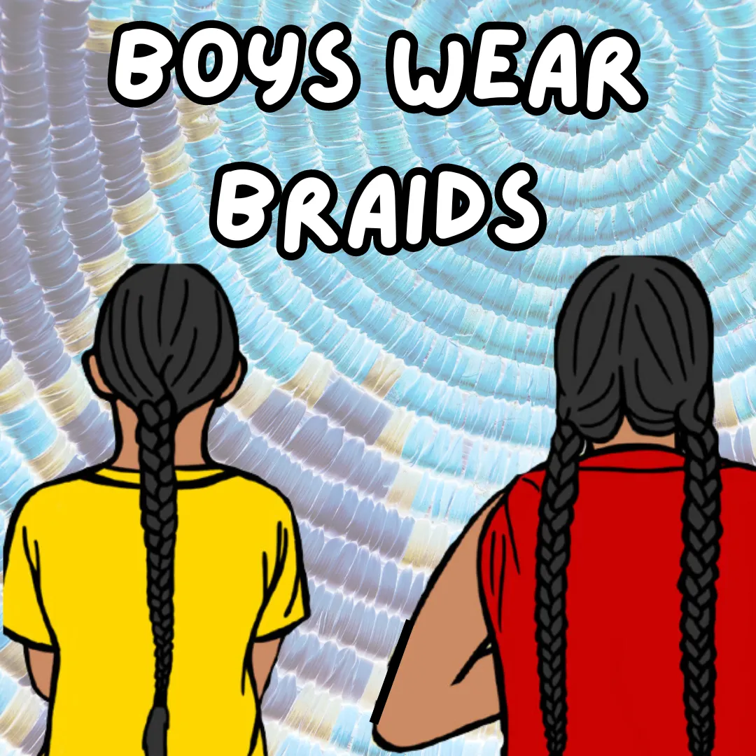 Illustration of two boys with long braided pony tails.