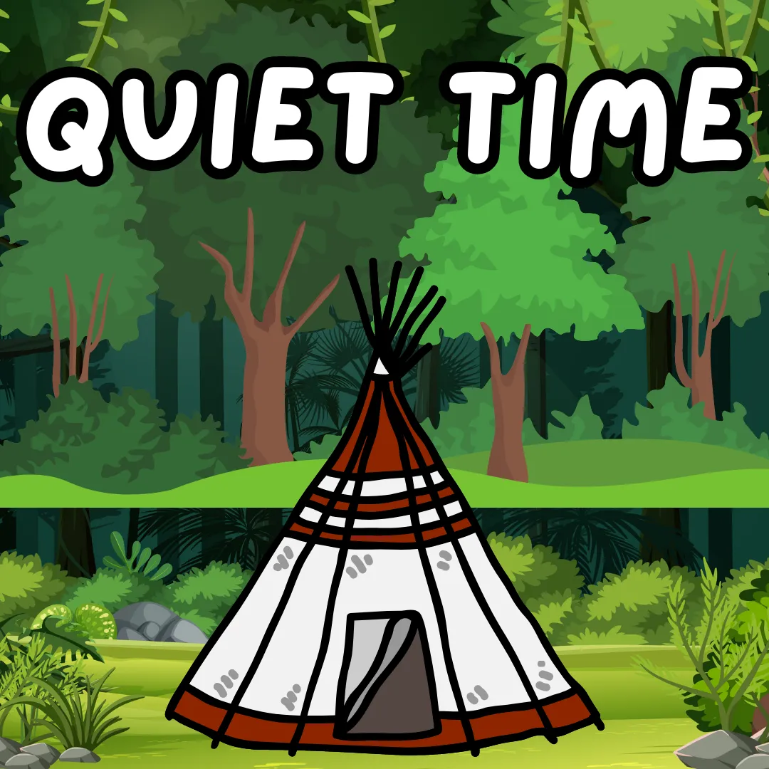 Quiet time. Illustration of a white and brown cone-shaped tipi within a luscious green forest.