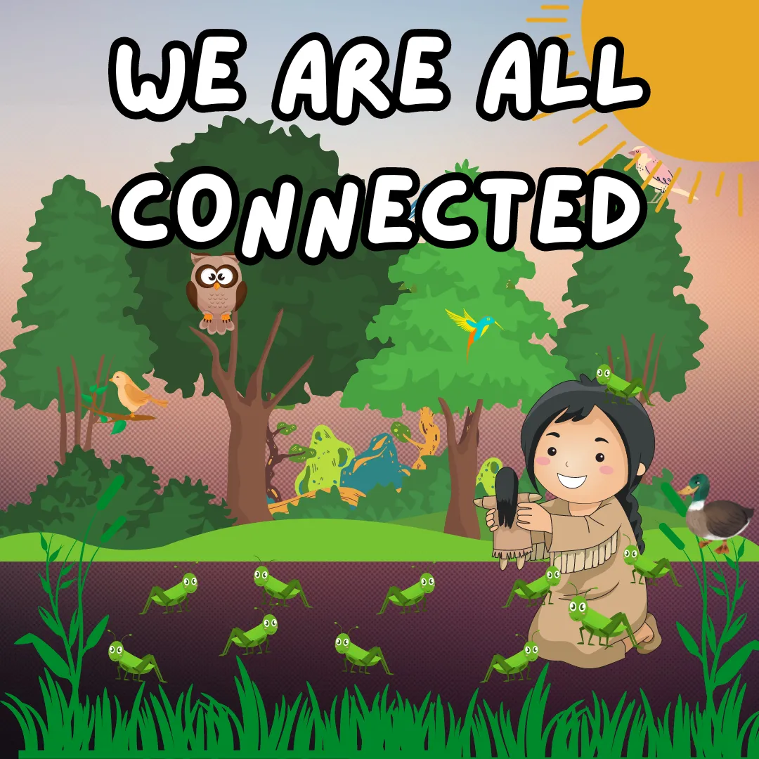 We are all connected. Illustration of a young Indigenous girl holding a doll playing in a field with crickets next to a forest.